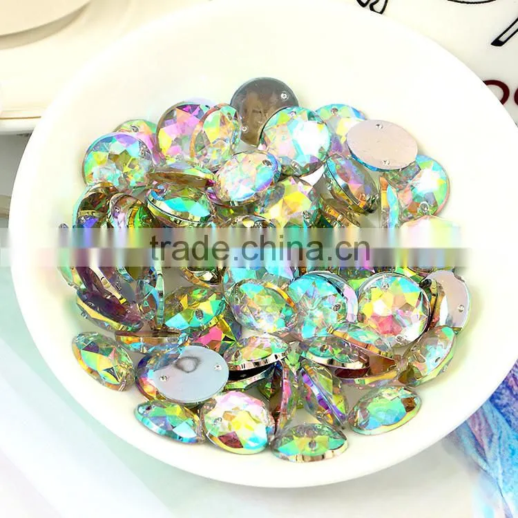 Sew-on Oval AB cutting acrylic beads, loose flat back faceted cut acrylic stones, sewing stone for garment accessories