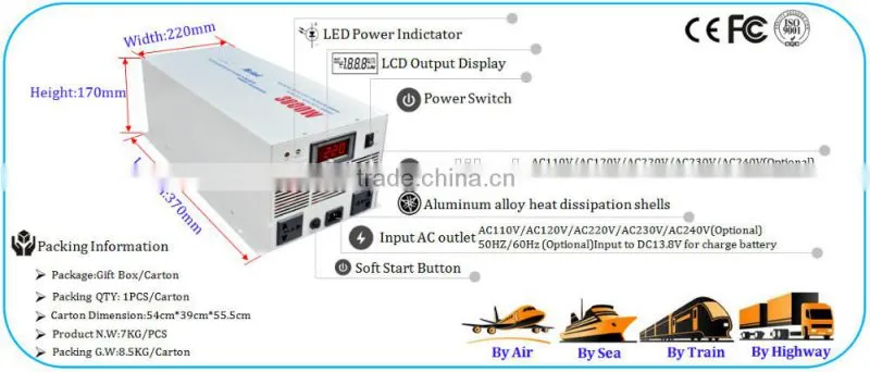 pure sine wave solar power inverter, dc to ac 3KW with lcd display