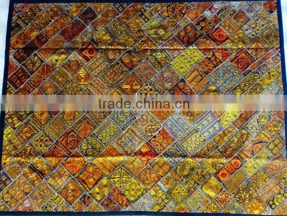 Vintage Maharaja Rug, Royal Golden patchwork Handmade Carpet from India old and Antique Also used as Wall Art,