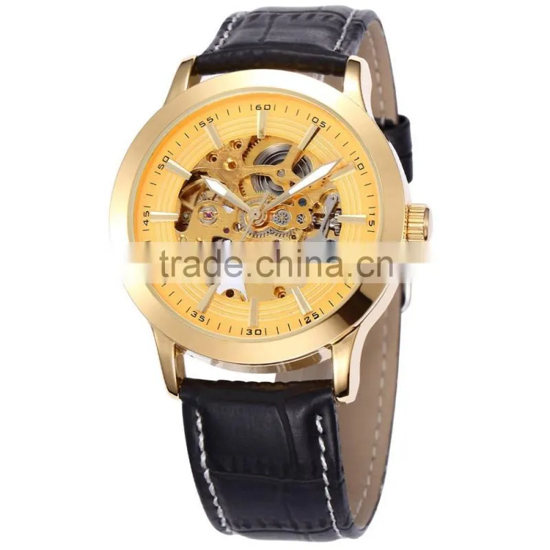 Transparent Automatic watch Men's black Leather Band Mechanical Wrist Watch gold stainless steel quartz watch