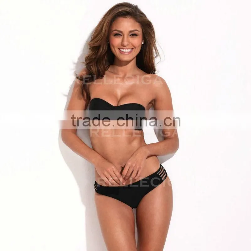 RELLECIGA Black Strappy Push-Up Bikini Swimwear Bandeau Top & Stretchy Cheeky Low Waist Bottom