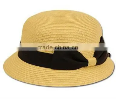 Womens 100% Paper Straw Ribbon Bow Accent Cloche Bucket Bell Summer Hat