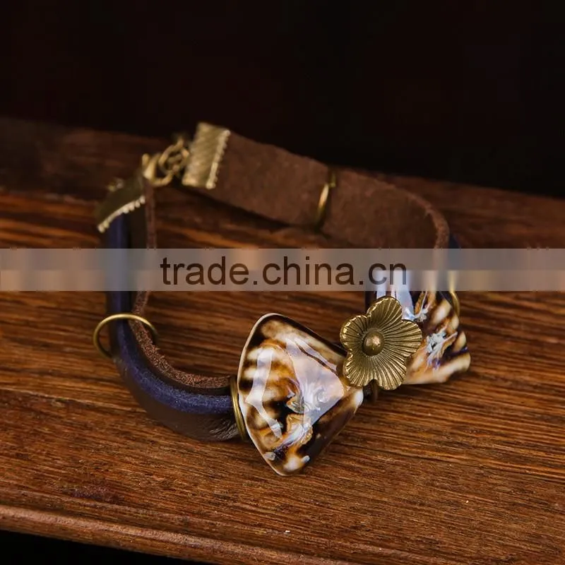 Jingdezhen made handmade leather bracelet ceramic beads bracelet for sales