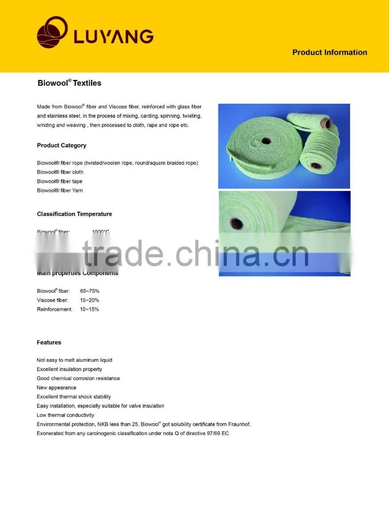 Bio-soluble fiber insulating textiles reinforced with fiber glass and stainless steel