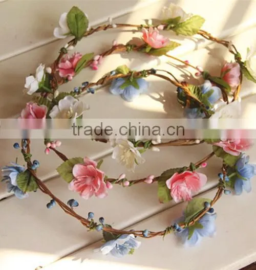 Factory directly little artificial flower head wreath fabric rose flower/leaf wreath