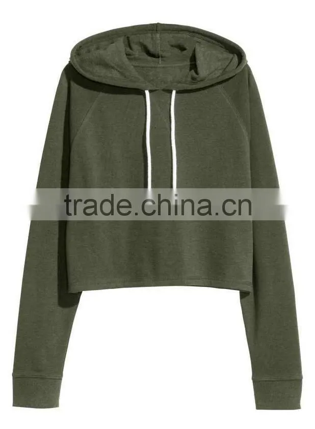 Plain Hoodies No Pocket Olive Sexy Ladies Cropped Top Sweatshirt Fashion Long Sleeve Cotton Hoodies Custom Pullover