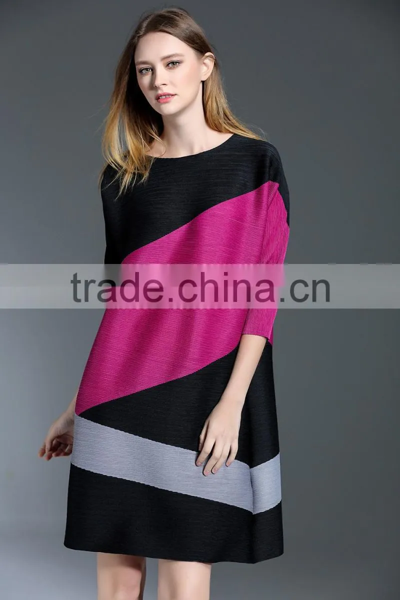Female patchwork contrast color crinkle spring A-line dresses