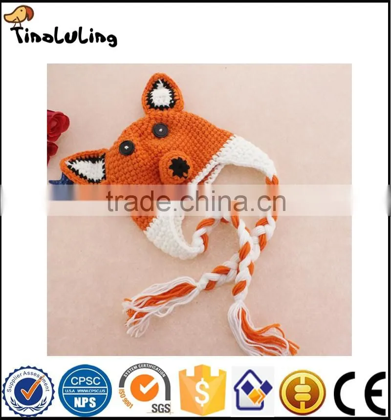 Fashion animal crochet beanies baby hat fox costume set newborn photography props infant handmade hat and diaper cover set