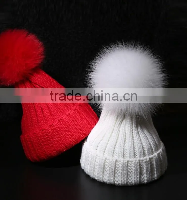 Adult Lady Fox Fur Pom Pom Crochet Warm Black Winter Knitted Hats Cap For Women Perfect Valentine's Day Gift