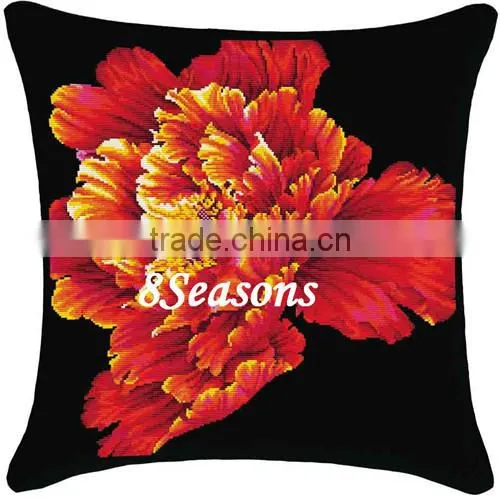 Sufficient Supply Red Flower PatternThrow Pillow Square Cotton Cross Stitch