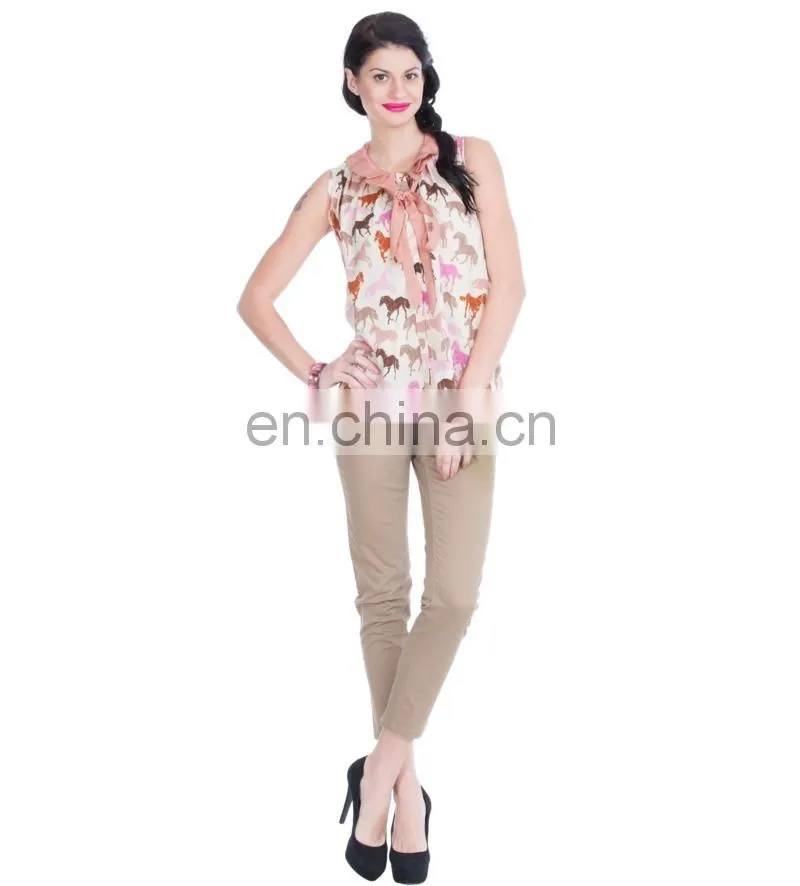 2015 Fashion Multicolored Horse Print Top With Tie-up autumn stylish horse print women loose knit top