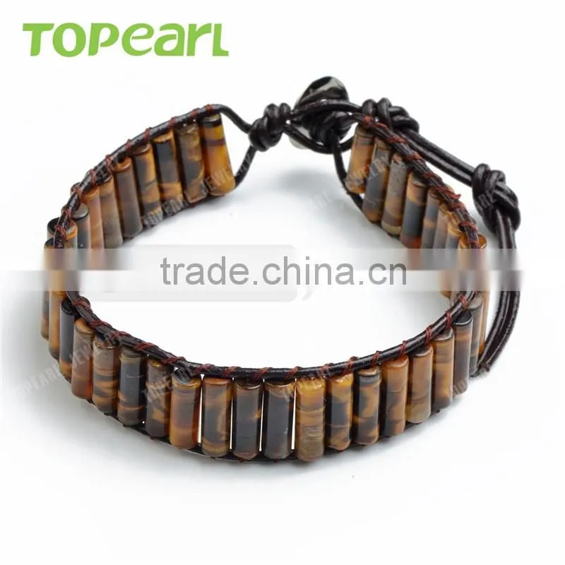 Topearl Jewelry Tiger Eye Leather Bracelet Woven Wrap Bangle 7.5 Inches CLL125