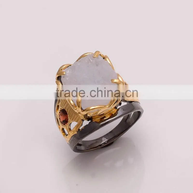 925 SOLID STERLING FINE SILVER RAINBOW MOONSTONE ROUGH RING BLACK & GOLD RHODIUM