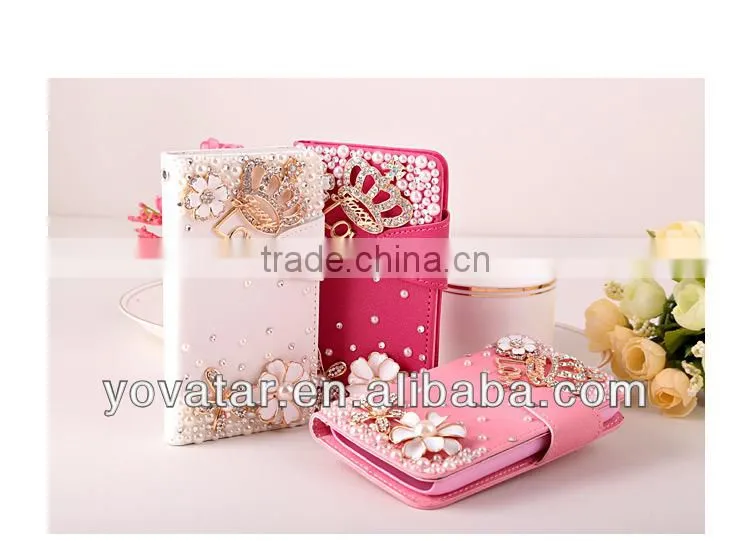 2014 New design pearl diamond card holder pu leather wallet case for iphone5