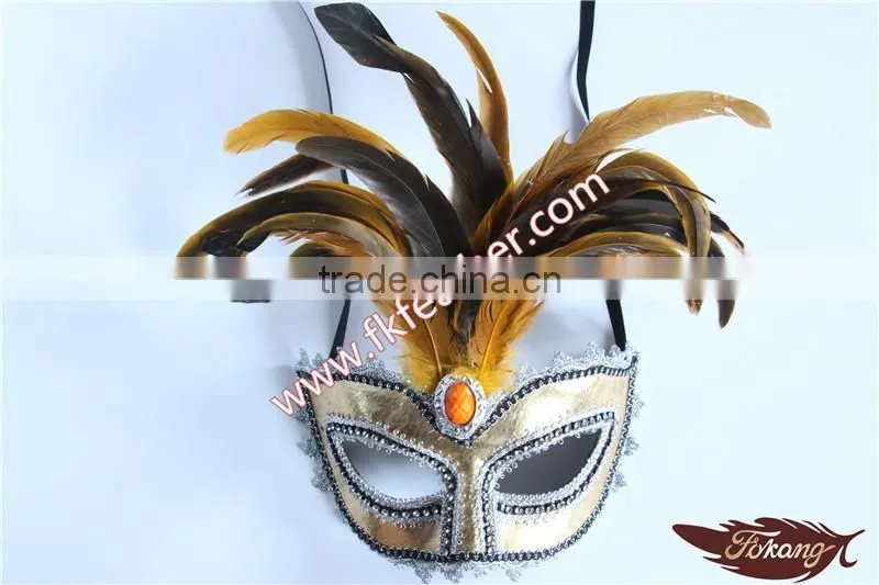 Gold Feather Mardi Gras Masquerade Birthday Party Mask With Cock Feather Mask