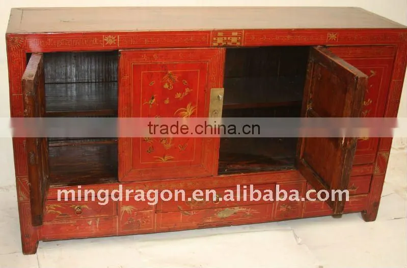 Chinese Antique Red Colour Golden Painting Kang Cabinet With Four Drawer Four Door 157*45*90cm