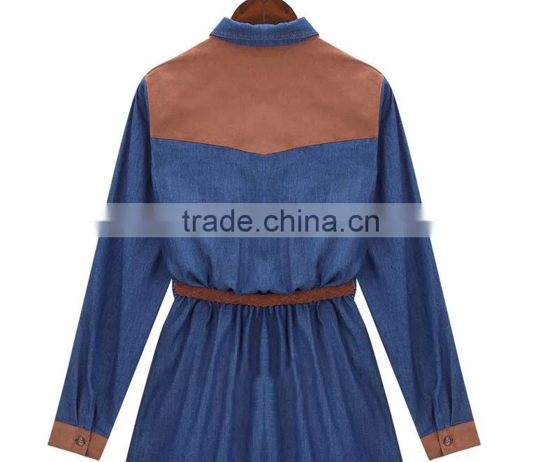 2015 fashion high quality New Arrival girls long sleeve denim winter dress with contrast color