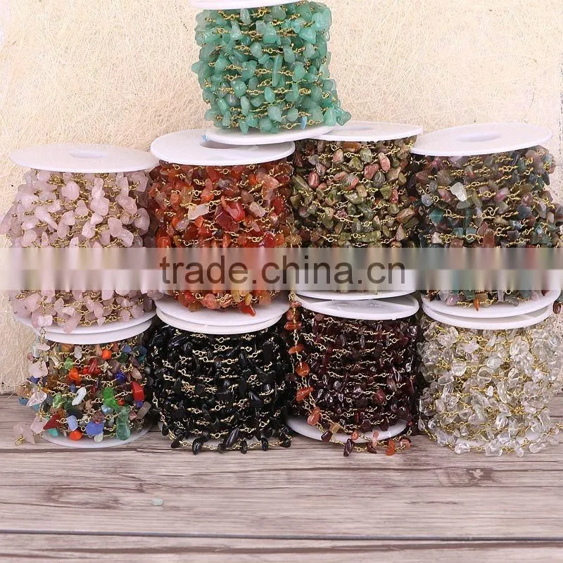 Natural Garnet Chips Nugget Beaded Plated Brass Hand Wired Link Rosary Chains For Necklace Jewelry
