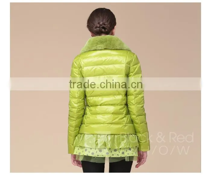 2014 New Design women jacket with lace bottom Big Fur Collar grass green Down Jacket/Women Jacket/Duck Down Jacket