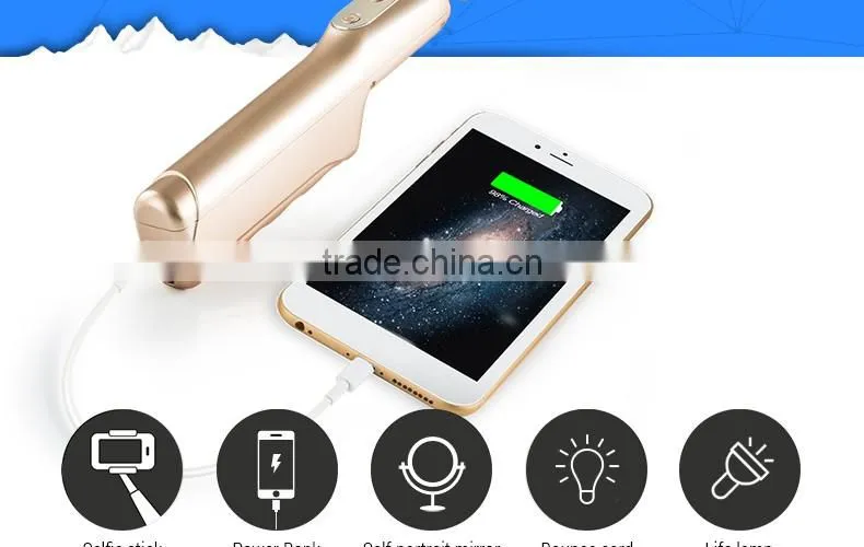 2016 Profession Design Enhancing Light Selfie Stick with Power Bank Portable Monopod with Mirror