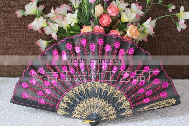 Plastic lace hand fan with embroidery peacock design