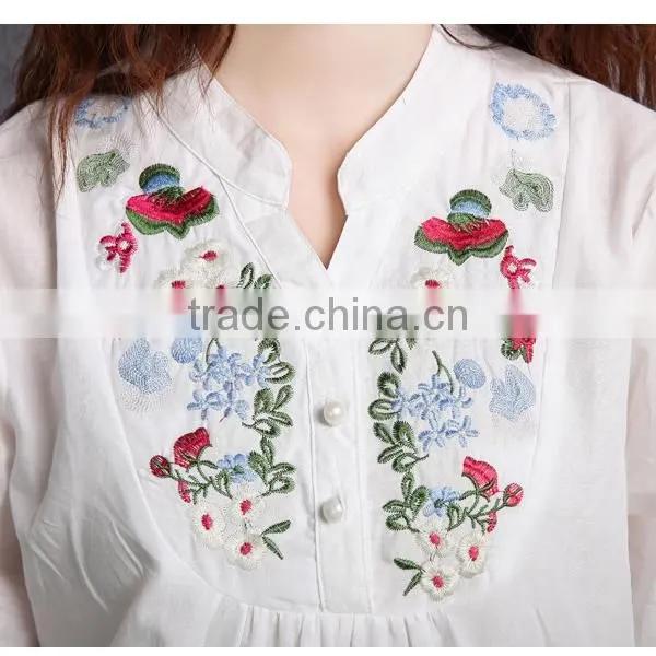 Wholesale ladies tops cheap price half sleeves mature linen and cotton ladies embroidered blouse