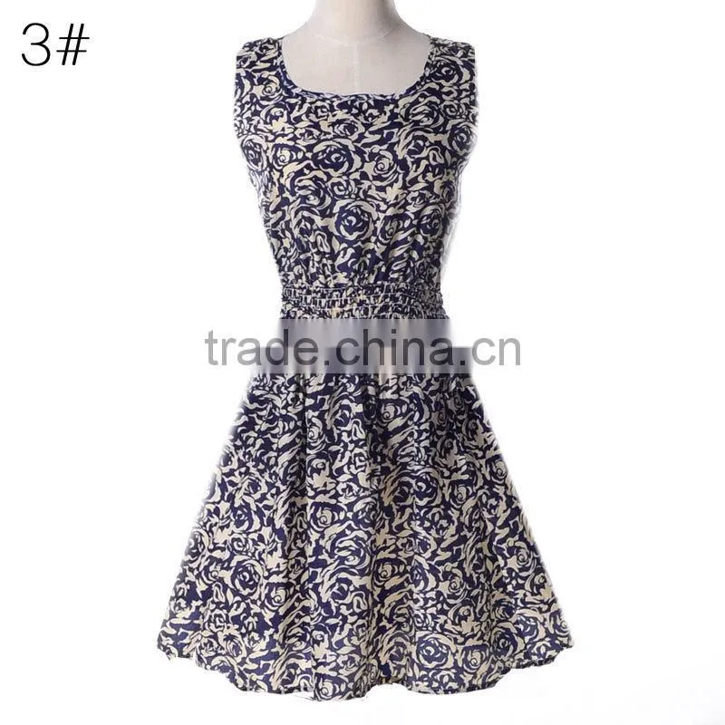 2015 spring summer new Korean style Women clothing casual Bohemian floral leopard sleeveless vest printed beach chiffon dress