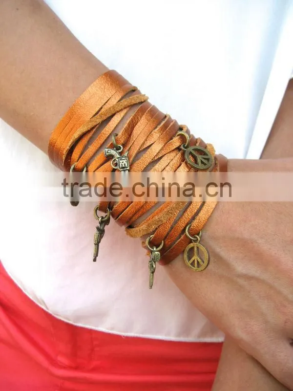 sliced leather bracelet, wide Leather Cuff - crystal Charm Bracelet, Multi Strap Bracelet, wrapped leather bracelet with charms