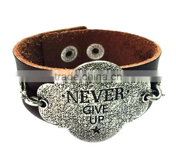 Custom words charms leather bracelet,antique men leather bracelets,stylish leather wristband
