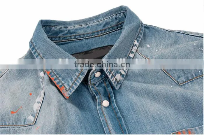 2016 European Style splash ink men denim casual shirt
