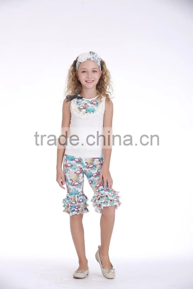 New fashion floral printed cotton girls tops and ruffle pants children clothing set