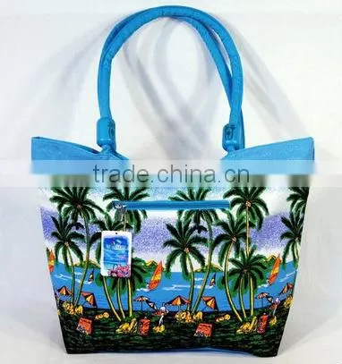 Waterproof Palm Tree Beach Design Canvas Beach Bag with Wood Balls Zipper Closure 21 X 15 X 6"