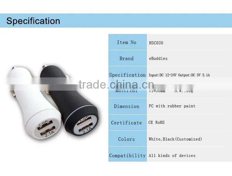 OEM Single 12v 3100amp 2 port usb car charger with rubber painting
