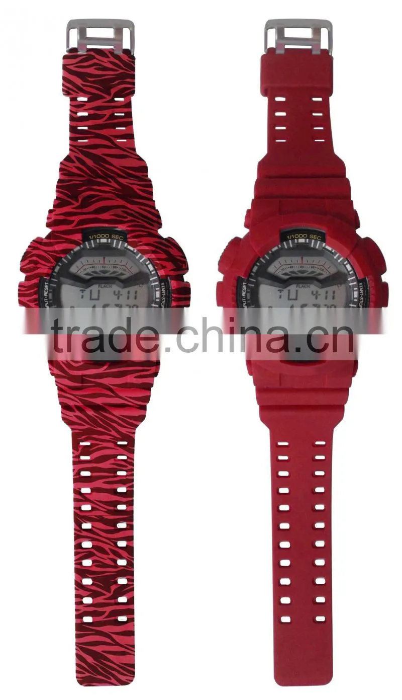 LP1331_Red PU Strap graphic pattarn print Multifunction Digital LCD Display set digital wrist stock watch