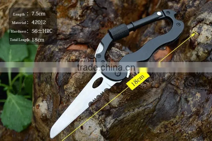 Outdoor Black multipul-purpose aluminum alloy snap hook, aluminum carabiner with screw ,with knife ,with bottle opener