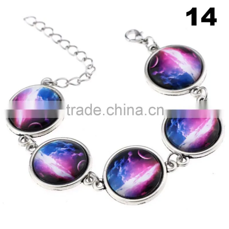 Wholesale Cabochon Glass Nebula Bangle -Galaxy Space -Novelty Metal Cuff Chain Bracelet