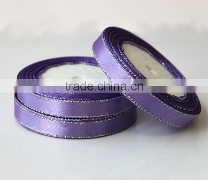 DIY Polyester single face satin ribbon with gold or silver edge