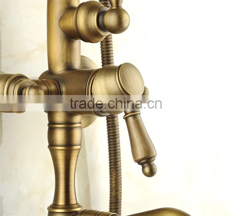 Popular antique style bathroom gold colored brass rainfall shower set antique bronze surface mounted bath shower set
