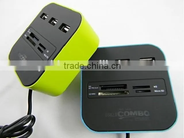 2016 Inovative Products Top Quality Logo Printed 3 Port USB Hub Card Reader, USB2.0 HUB with Cable
