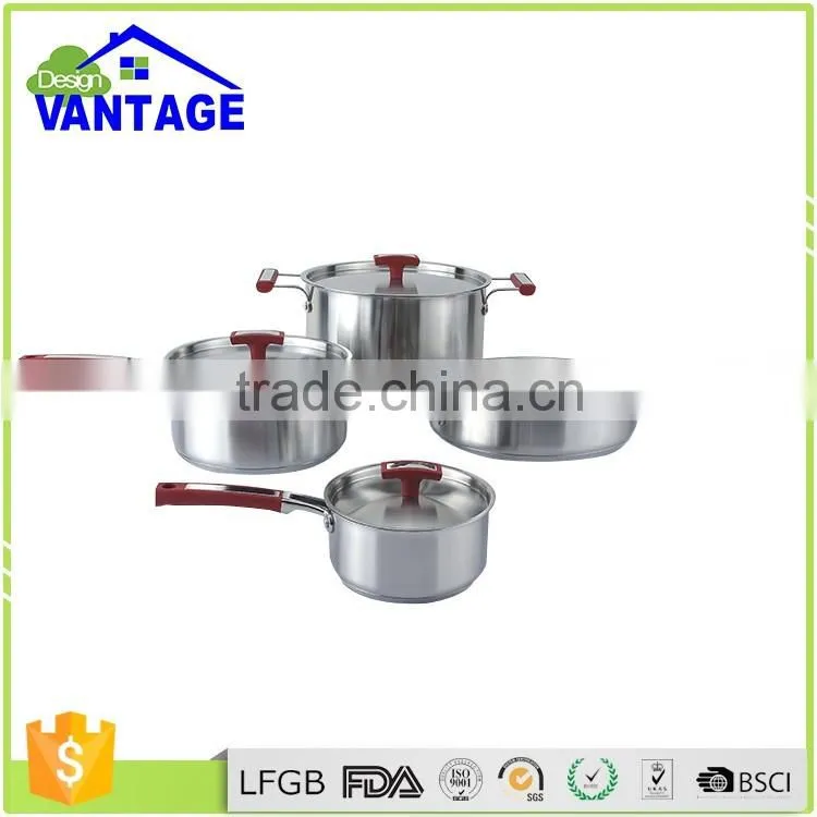 Vantage design 7PCS red silicon handle stainless steel kitchen queen cookware set,including 2pcs casserole, saucerole ,frypan