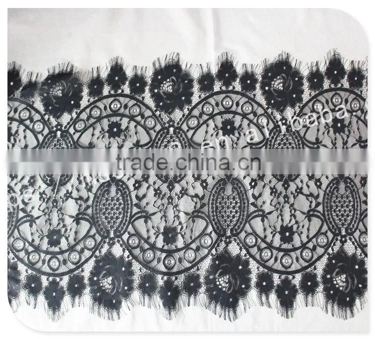 Good price 44cm width polyester floral eyelash black lace trim for sale