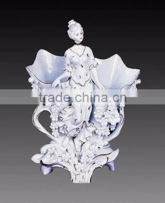 Elegant White Handicraft Ceramic Flower Receptacle with Lady dancing