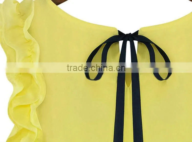 Plus Size Ladies Blouses 2015 New Summer Women Blouse O-Neck Lotus Leaf Casual Shirt Women Clothing Lacing Bow Chiffon Blouse