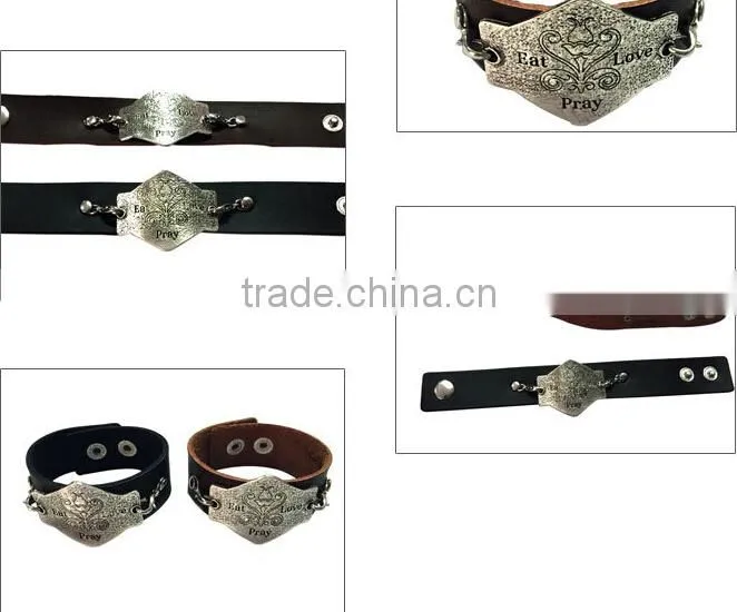 Custom words charms leather bracelet,antique men leather bracelets,stylish leather wristband