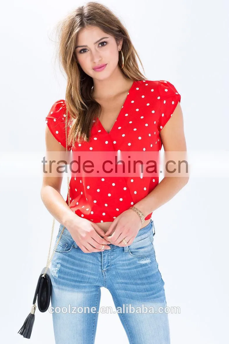 Latest sweet polka dot print crop tops cheap lady blouses
