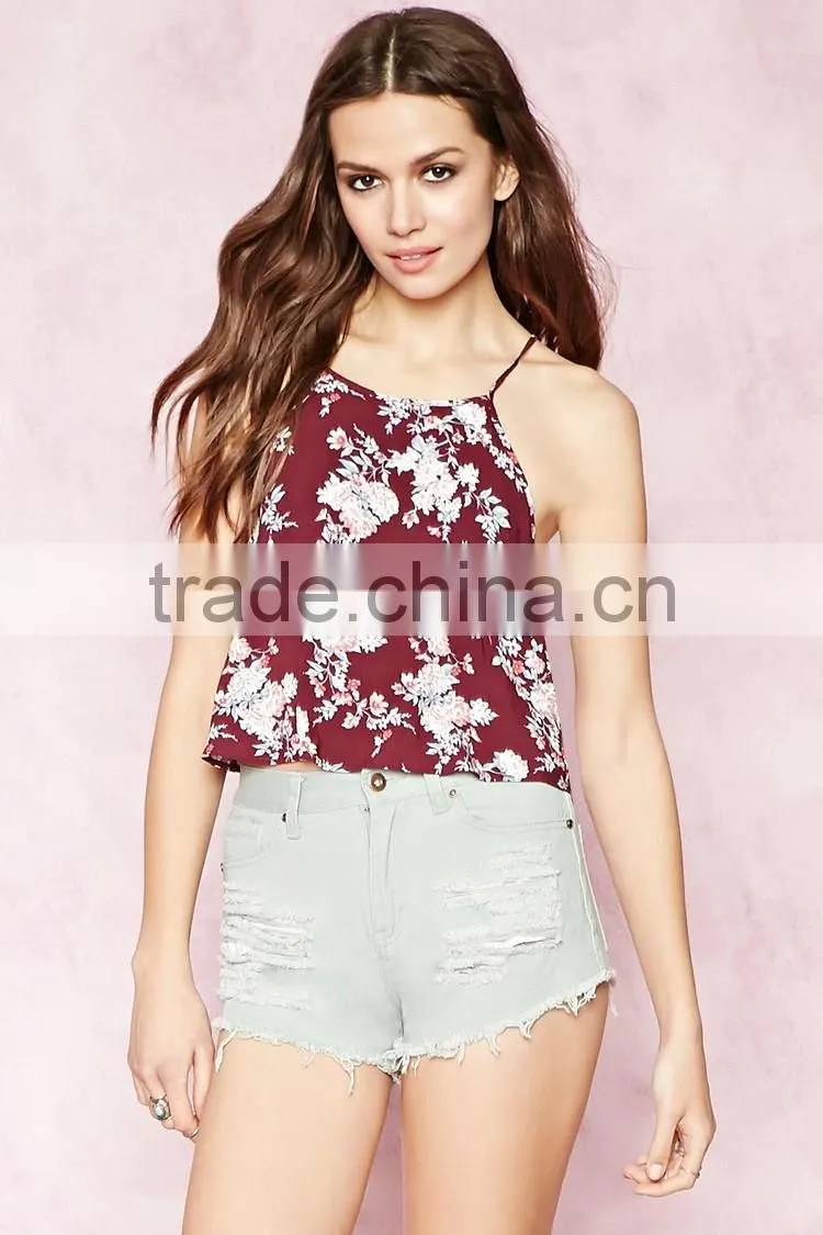 2016 guangzhou Top selling printed cotton summer fashion spaghetti strap ladies western tops