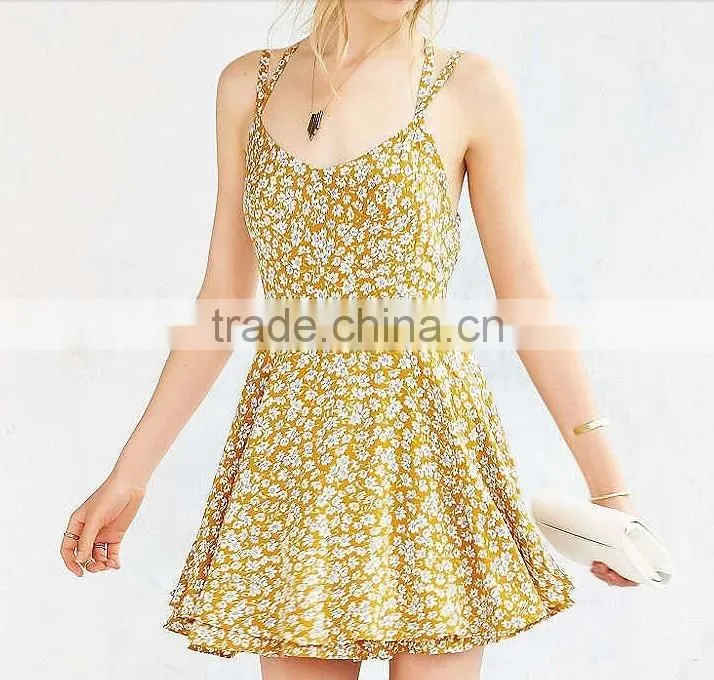 2017 Girls Spaghetti Strap summer dress women ladies sexy backless flower printed chiffon dress