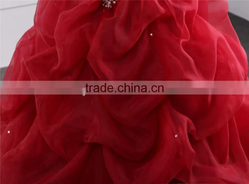 2018 Dramatic Quinceanera Dress Neck line Beaded Appliques Red Organza quinceanera gowns ED025201