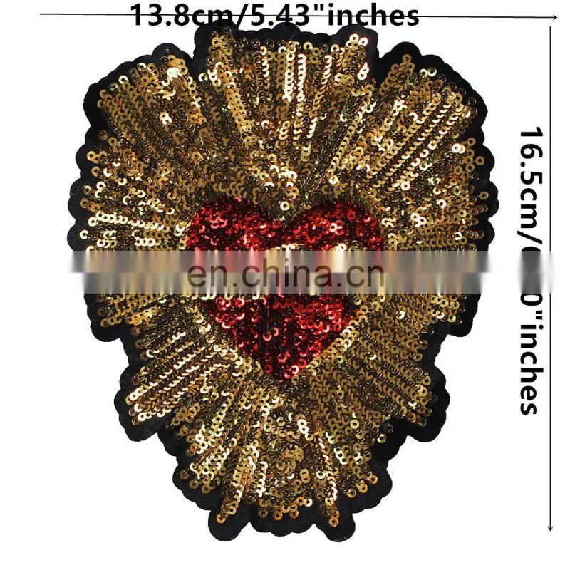 Fashion Beaded Red Gold Sequin Heart Pattern Embroidery Patches