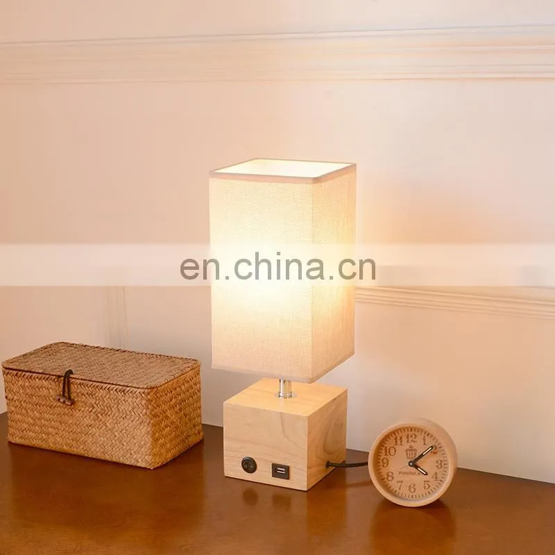 Solid wood table lamp USB home living room bedroom bedside led night light creative warm light remote control lamp